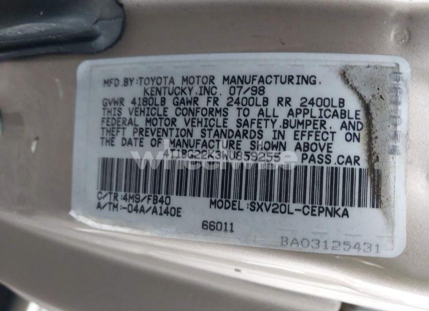 Photo 9 of 1998 Toyota Camry LE (VIN 4T1BG22K3WU859255)