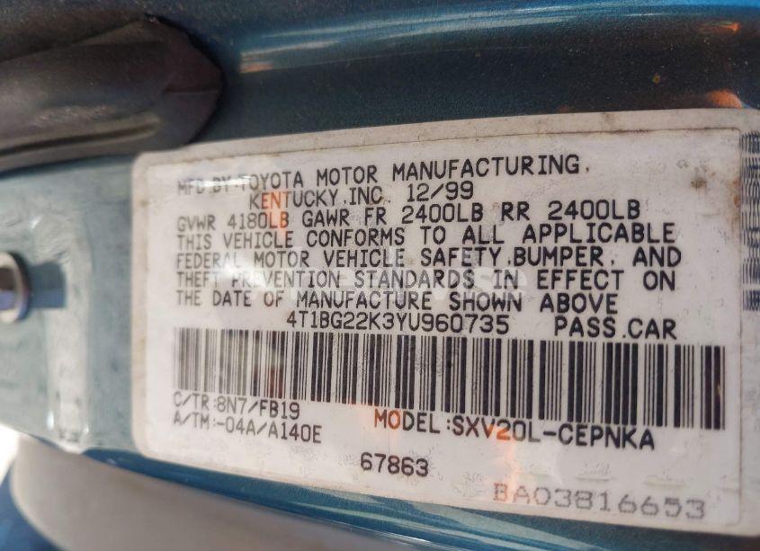 Photo 9 of 2000 Toyota Camry LE (VIN 4T1BG22K3YU960735)