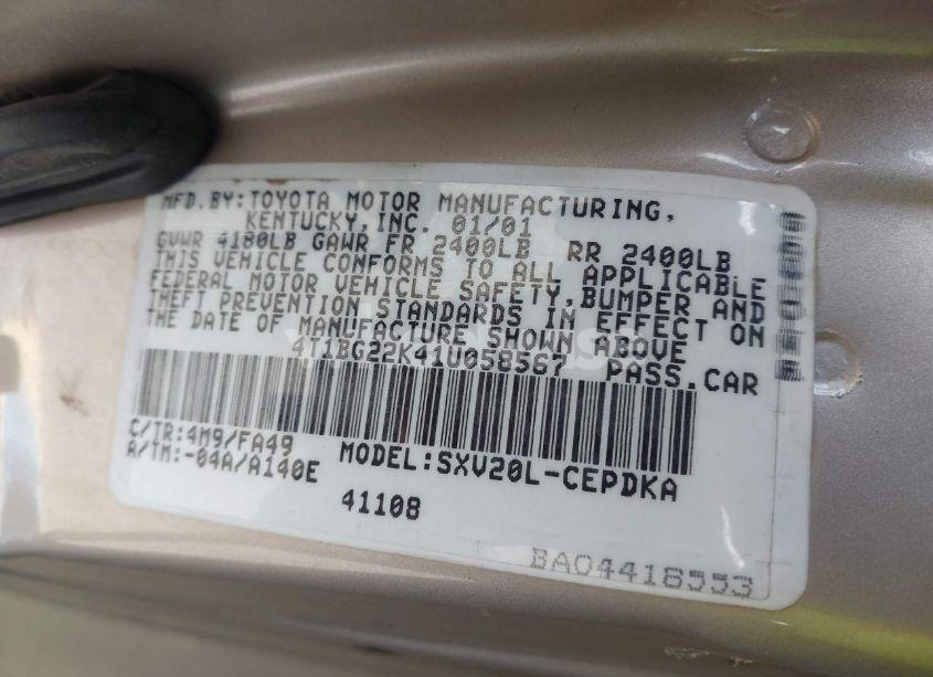 Photo 9 of 2001 Toyota Camry CE (VIN 4T1BG22K41U058567)