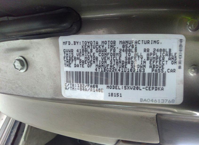 Photo 9 of 2001 Toyota Camry CE (VIN 4T1BG22K41U102163)