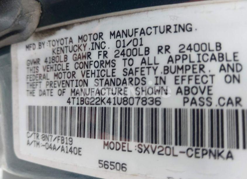 Photo 9 of 2001 Toyota Camry LE (VIN 4T1BG22K41U807836)