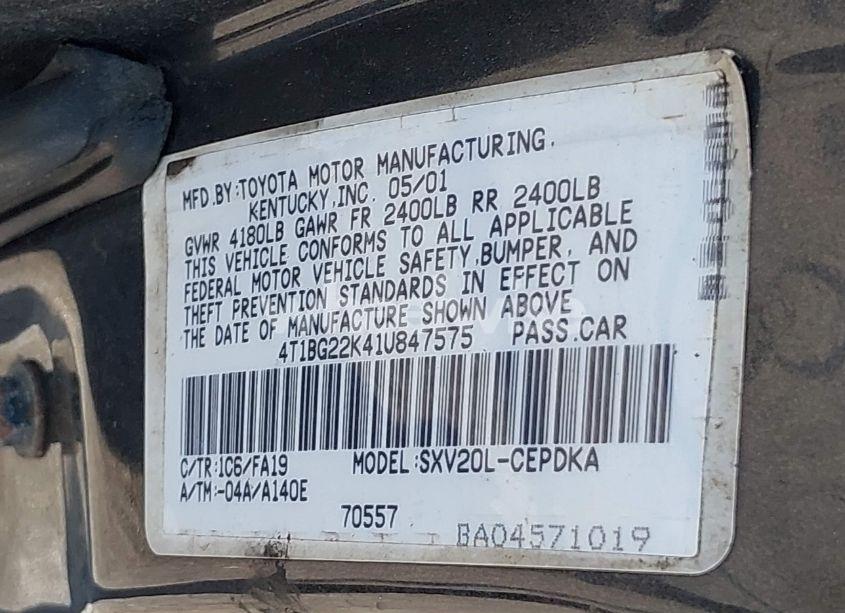 Photo 9 of 2001 Toyota Camry CE (VIN 4T1BG22K41U847575)