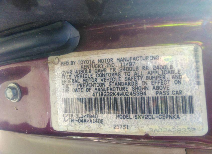 Photo 9 of 1998 Toyota Camry LE (VIN 4T1BG22K4WU245394)