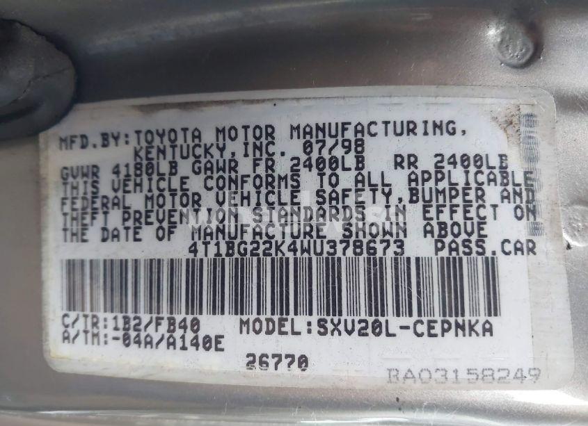 Photo 9 of 1998 Toyota Camry LE (VIN 4T1BG22K4WU378673)