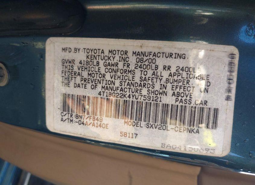 Photo 9 of 2000 Toyota Camry LE (VIN 4T1BG22K4YU759121)