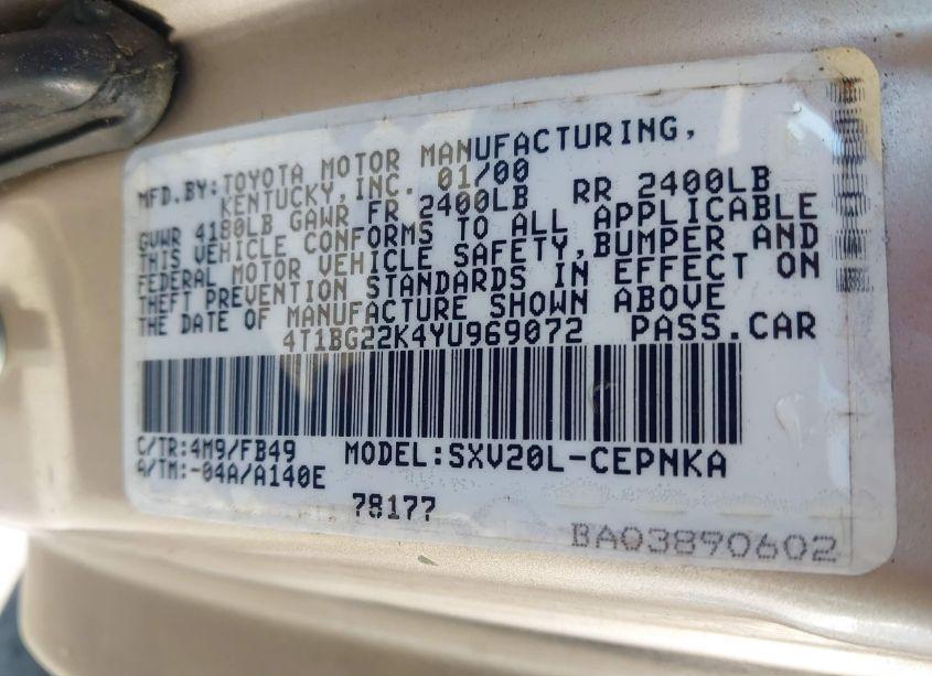 Photo 9 of 2000 Toyota Camry LE (VIN 4T1BG22K4YU969072)