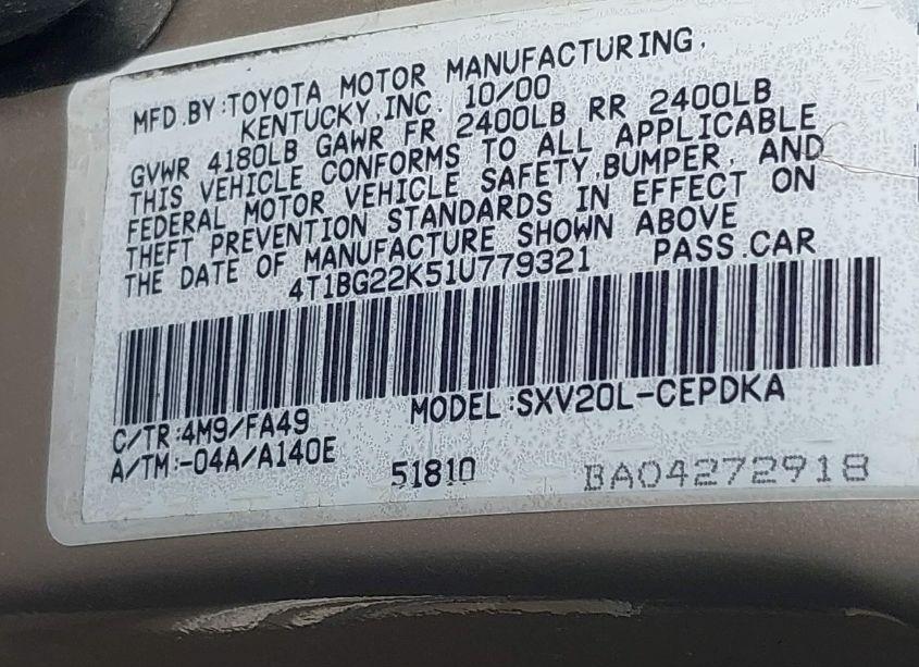 Photo 9 of 2001 Toyota Camry CE (VIN 4T1BG22K51U779321)