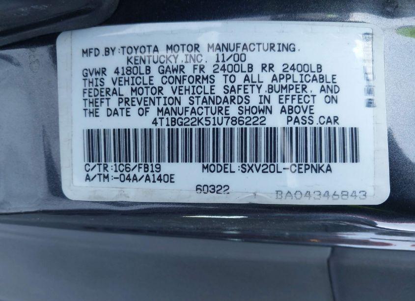 Photo 9 of 2001 Toyota Camry LE (VIN 4T1BG22K51U786222)