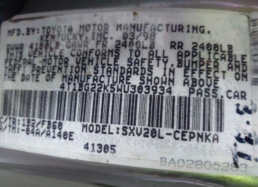 Photo 9 of 1998 Toyota Camry LE (VIN 4T1BG22K5WU303934)