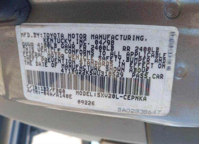 Photo 9 of 1998 Toyota Camry LE (VIN 4T1BG22K5WU318529)