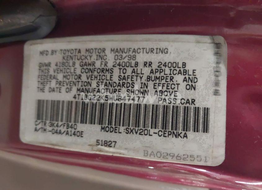 Photo 9 of 1998 Toyota Camry LE (VIN 4T1BG22K5WU847477)