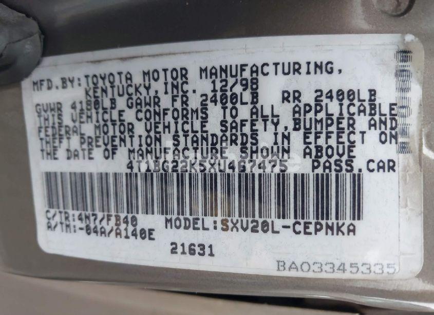 Photo 9 of 1999 Toyota Camry LE (VIN 4T1BG22K5XU467475)