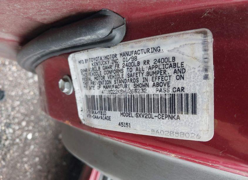 Photo 9 of 1998 Toyota Camry CE/LE/XLE (VIN 4T1BG22K6WU266232)