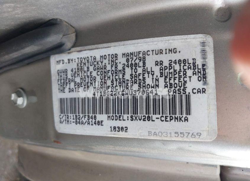 Photo 9 of 1998 Toyota Camry LE (VIN 4T1BG22K6WU370641)