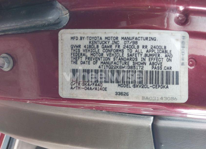Photo 9 of 1998 Toyota Camry CE (VIN 4T1BG22K6WU385172)