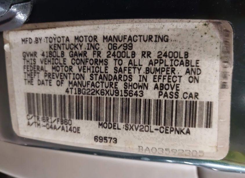 Photo 9 of 1999 Toyota Camry LE (VIN 4T1BG22K6XU915643)