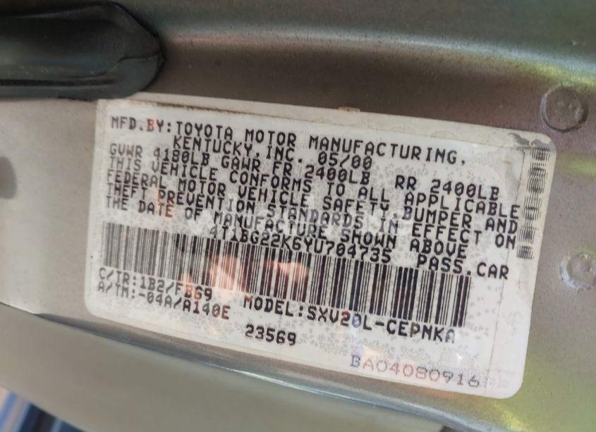 Photo 9 of 2000 Toyota Camry LE (VIN 4T1BG22K6YU704735)