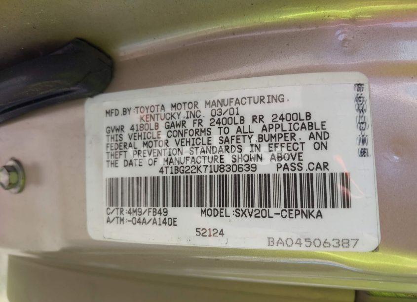 Photo 9 of 2001 Toyota Camry LE (VIN 4T1BG22K71U830639)