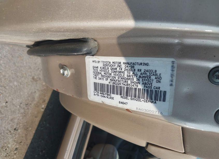 Photo 9 of 1998 Toyota Camry LE (VIN 4T1BG22K7WU851479)