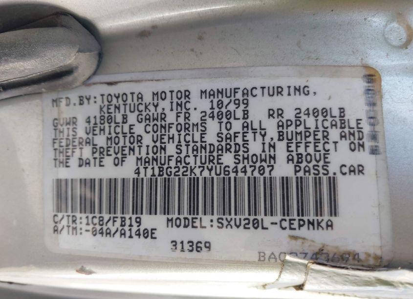 Photo 9 of 2000 Toyota Camry LE (VIN 4T1BG22K7YU644707)
