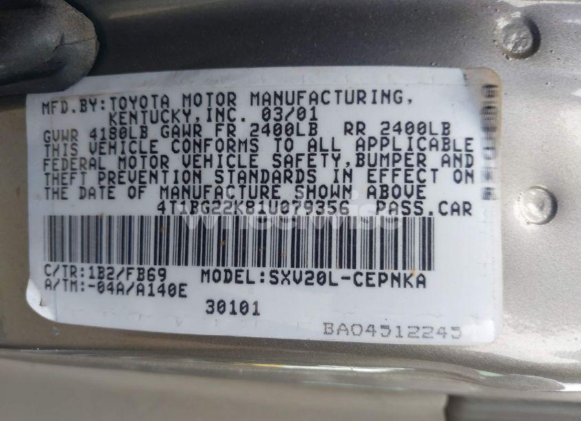 Photo 9 of 2001 Toyota Camry LE (VIN 4T1BG22K81U079356)