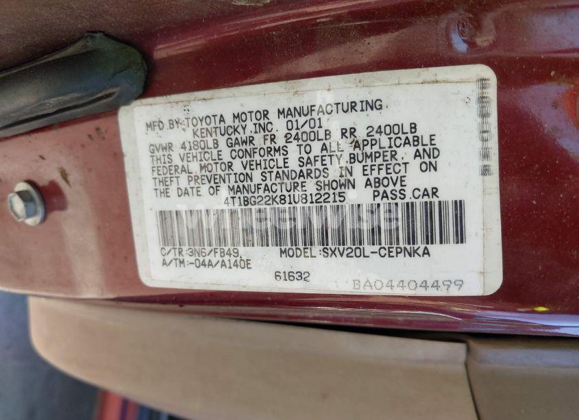 Photo 9 of 2001 Toyota Camry LE (VIN 4T1BG22K81U812215)