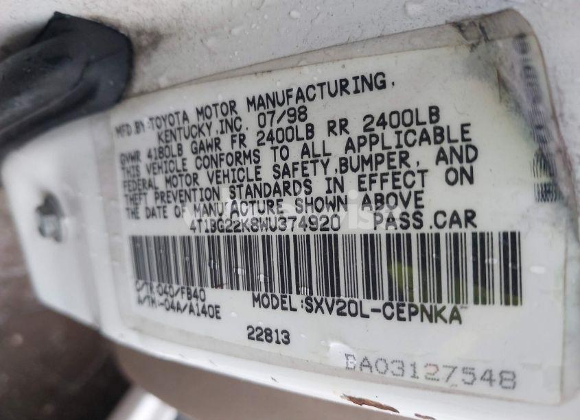 Photo 9 of 1998 Toyota Camry LE (VIN 4T1BG22K8WU374920)