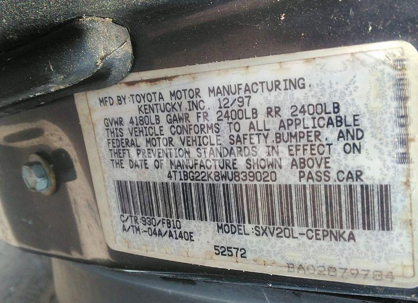 Photo 9 of 1998 Toyota Camry LE (VIN 4T1BG22K8WU839020)