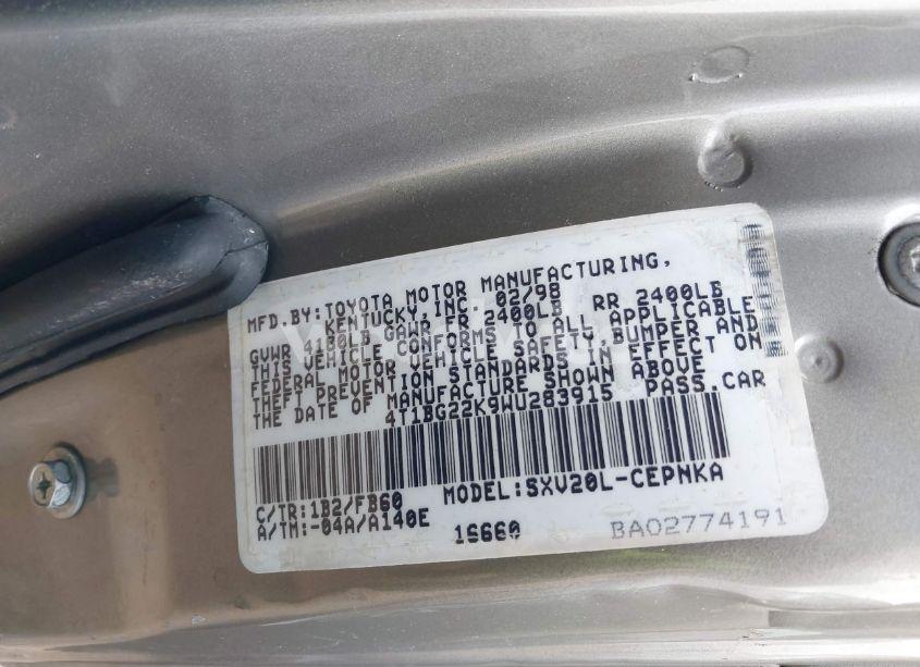 Photo 9 of 1998 Toyota Camry LE (VIN 4T1BG22K9WU283915)