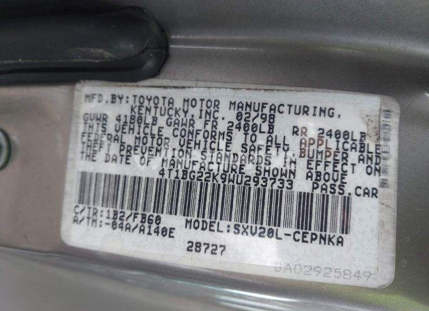 Photo 9 of 1998 Toyota Camry LE (VIN 4T1BG22K9WU293733)