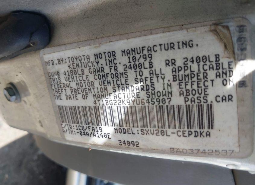 Photo 9 of 2000 Toyota Camry CE (VIN 4T1BG22K9YU645907)