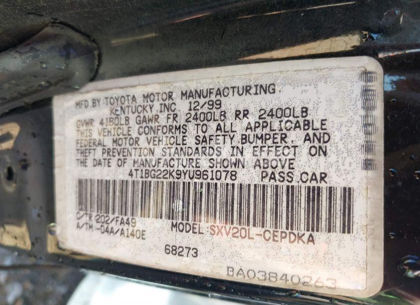 Photo 9 of 2000 Toyota Camry CE (VIN 4T1BG22K9YU961078)