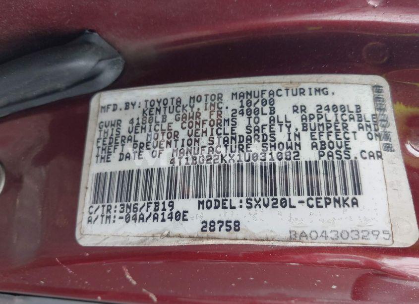 Photo 9 of 2001 Toyota Camry LE (VIN 4T1BG22KX1U031082)