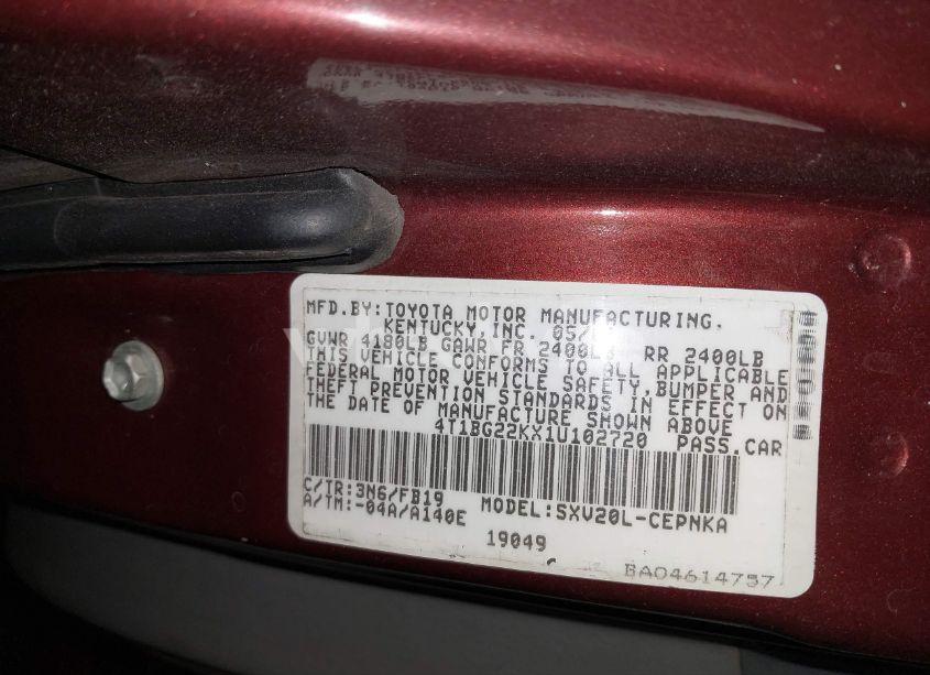 Photo 9 of 2001 Toyota Camry LE (VIN 4T1BG22KX1U102720)
