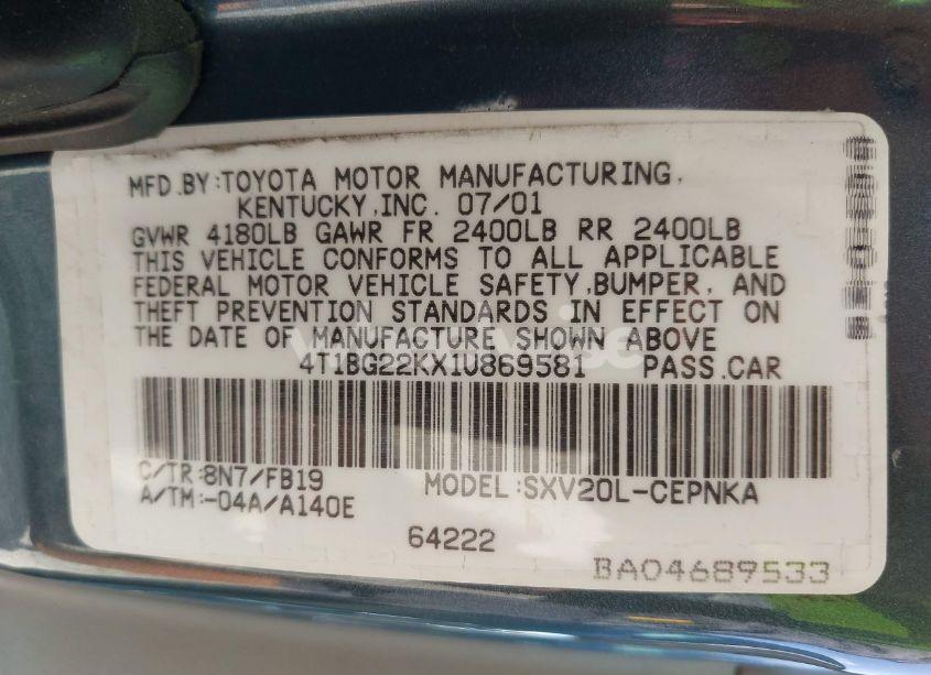 Photo 9 of 2001 Toyota Camry LE (VIN 4T1BG22KX1U869581)