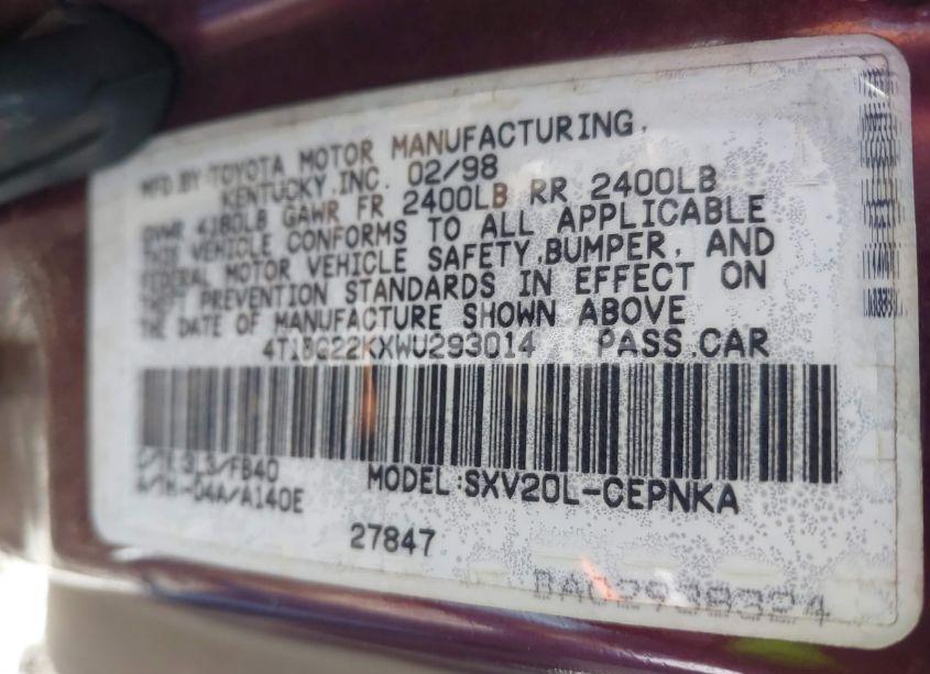 Photo 9 of 1998 Toyota Camry LE (VIN 4T1BG22KXWU293014)