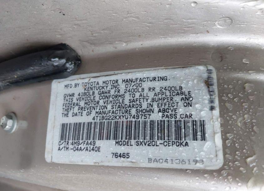 Photo 9 of 2000 Toyota Camry CE (VIN 4T1BG22KXYU749757)