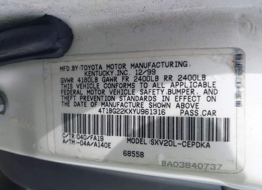 Photo 9 of 2000 Toyota Camry CE (VIN 4T1BG22KXYU961316)