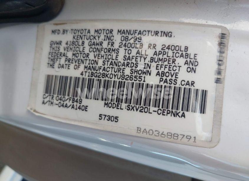 Photo 9 of 2000 Toyota Camry LE (VIN 4T1BG28K0YU926551)