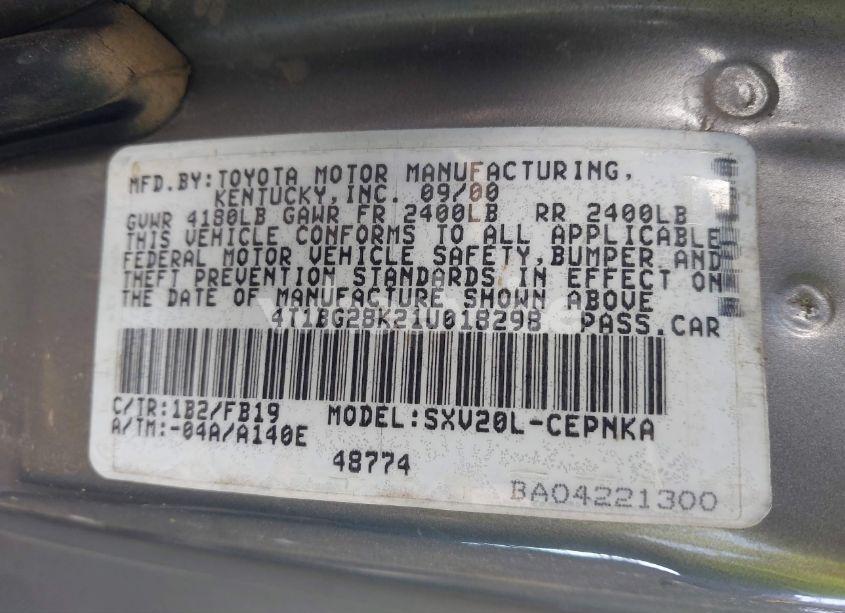 Photo 9 of 2001 Toyota Camry LE (VIN 4T1BG28K21U018298)