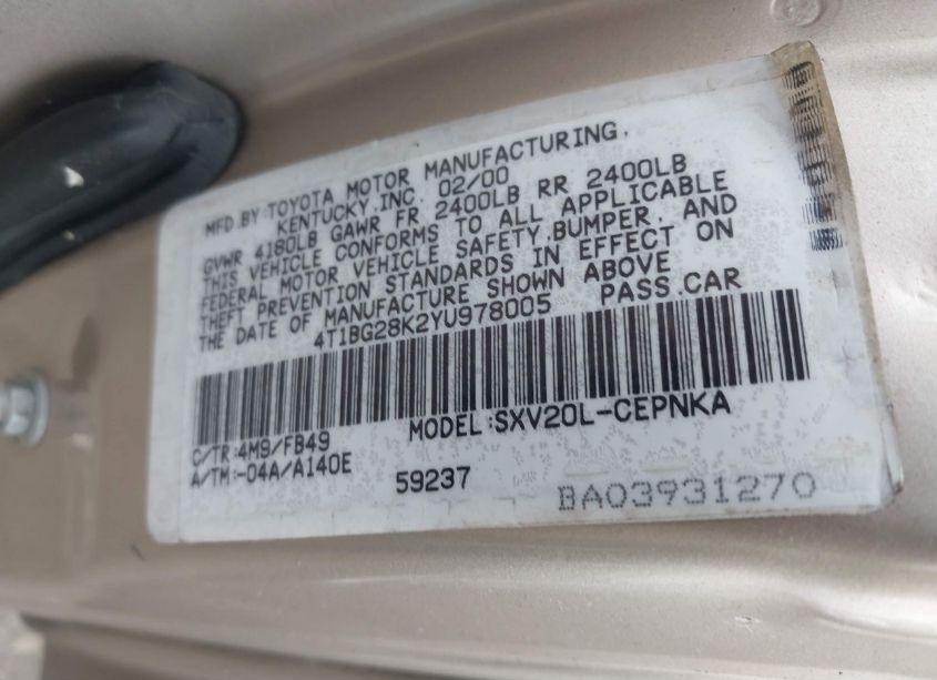 Photo 9 of 2000 Toyota Camry LE (VIN 4T1BG28K2YU978005)