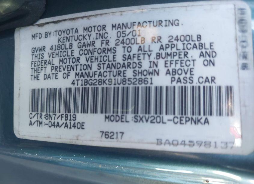 Photo 9 of 2001 Toyota Camry LE (VIN 4T1BG28K91U852861)