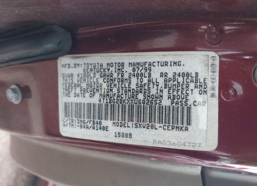 Photo 9 of 1999 Toyota Camry LE (VIN 4T1BG28KXXU602652)