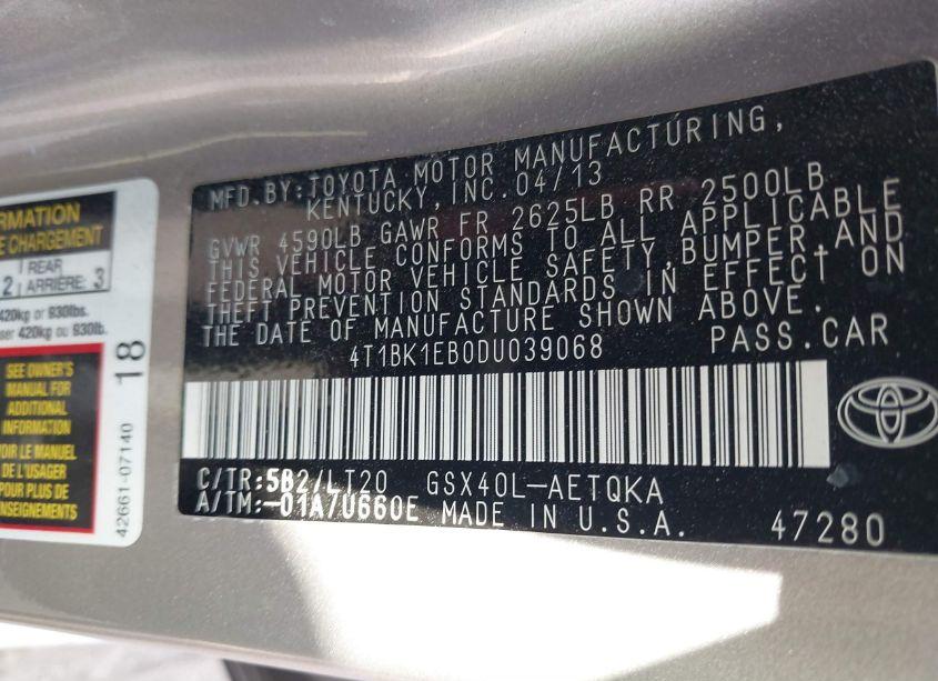 Photo 9 of 2013 Toyota Avalon XLE TOURING (VIN 4T1BK1EB0DU039068)