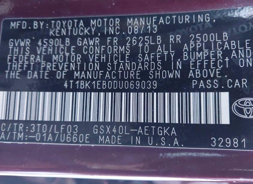 Photo 9 of 2013 Toyota Avalon XLE PREMIUM (VIN 4T1BK1EB0DU069039)