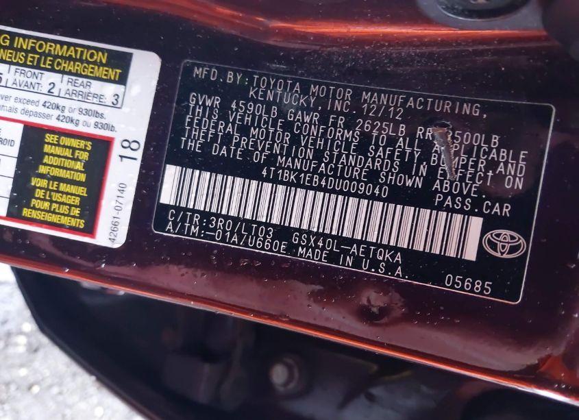 Photo 9 of 2013 Toyota Avalon XLE TOURING (VIN 4T1BK1EB4DU009040)