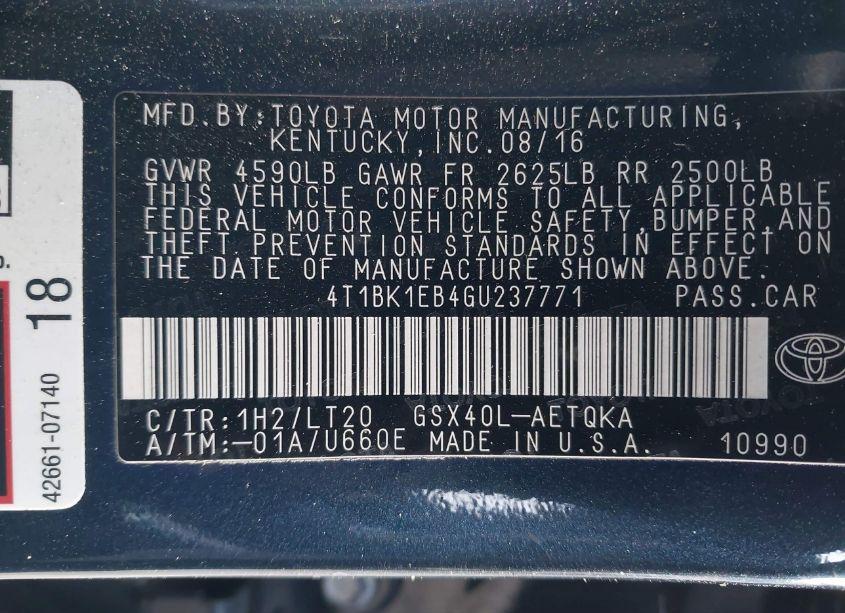 Photo 9 of 2016 Toyota Avalon TOURING (VIN 4T1BK1EB4GU237771)