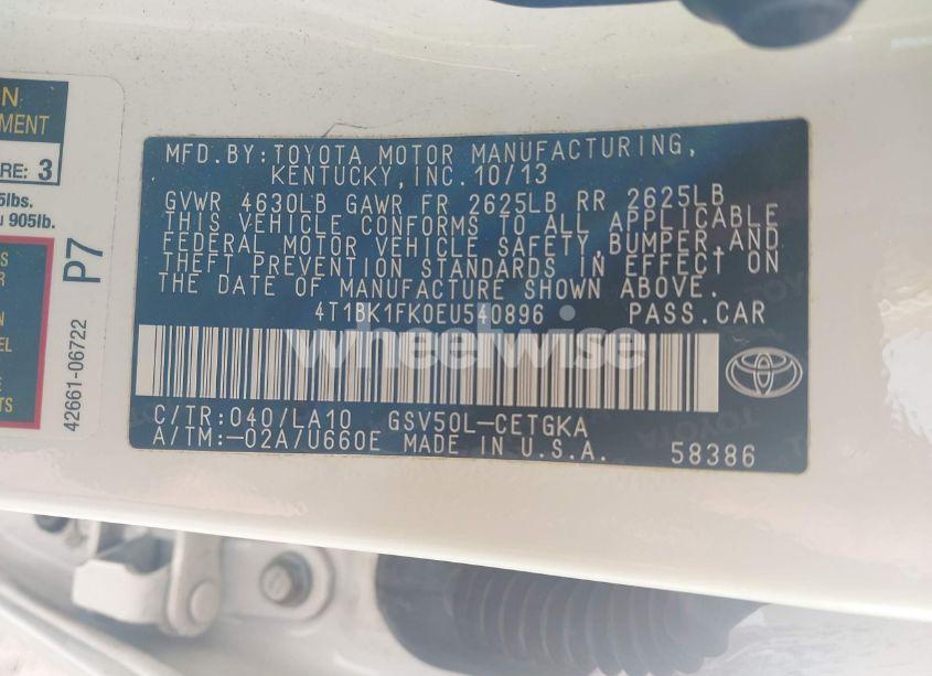 Photo 9 of 2014 Toyota Camry XLE V6 (VIN 4T1BK1FK0EU540896)