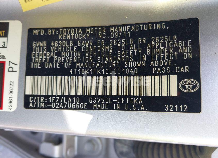 Photo 9 of 2012 Toyota Camry XLE V6 (VIN 4T1BK1FK1CU001040)