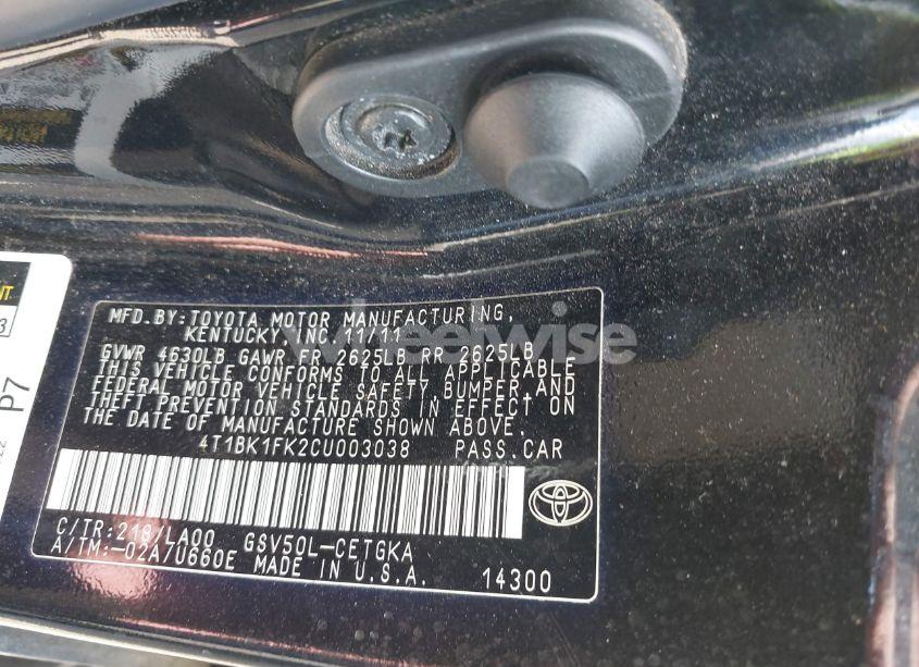 Photo 9 of 2012 Toyota Camry XLE V6 (VIN 4T1BK1FK2CU003038)